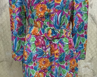 Vintage 1980s Floral Print Silk Dress, Size 12