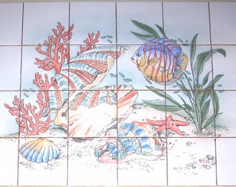 Underwater Fish Scene Ceramic Tile Mural Back Splash 24 pieces of 4.25" Kiln Fired Tiles