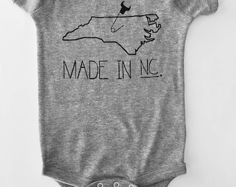 Made in NC, North Carolina Baby one-piece -6 month romper, Grey with Black print, screen printed