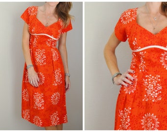 vintage 40s 50s tomato red Tina Leser original summer house garden dress -- womens small --34-26-free