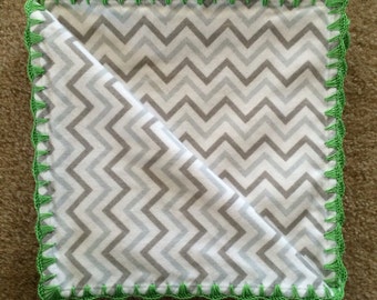 Crochet/Flannel Baby/Receiving Blanket - Cheveron, royal blue