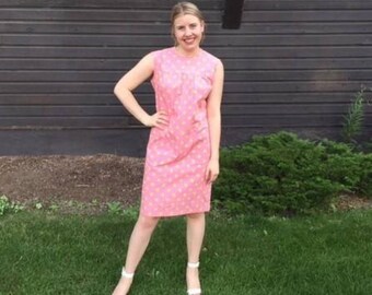 1960s yellow and pink polka dot dress/ 1960s shift dress/ vintage dress