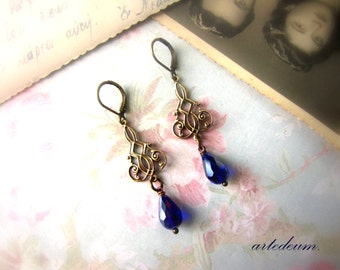 Downton abbey earrings in royal blue and goldretro earrings vintage inspired bronze christmas gift for her