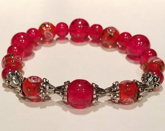 Red Lampwork, Glass Beaded Bracelet.