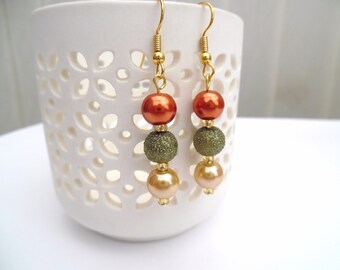 Fall Theme Pearl Earrings, Autumn Colours, Jewelry For Fall, Beaded Earrings, Dangle Earrings, Burnt Orange Earrings, Thanksgiving Jewelry