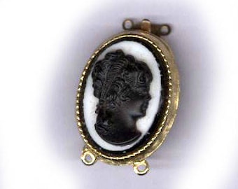 vintage CAMEO clasp glass goldtone with WHITE glass and BLACK cameo one strand bridal finding antique clasp