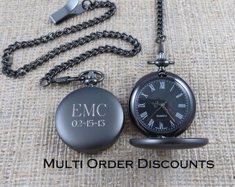 Personalized Gunmetal Pocket Watch Custom with Monogram, Engraved Gifts for Men, Best man, Groomsman, Christmas, Monogrammed (775)