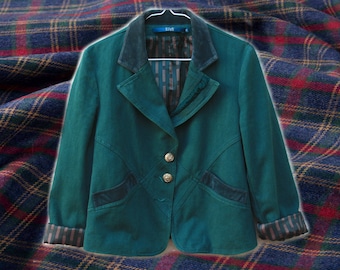90s Clueless Deep Turquoise Green Jacket With Suede Detailing/Striped Lining