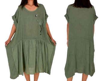 LF100OL Dress Flamingo Application Tunic Linen Vintageoptik One size material mix Gr. 44 46 48 50 Olive