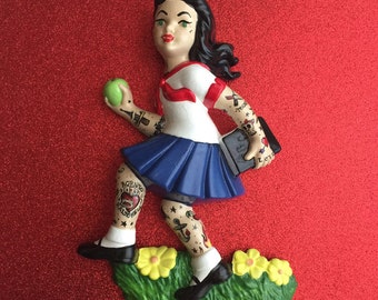 Tattooed Schoolgirl Wall Hanging ~ Hand Painted ReVamped Vintage Gal ~ Ready to Ship!