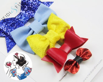SALE Princess inspired Hairbow SET of 5 Hairclip cotton snow red blue gold sparkle velvet beauty white