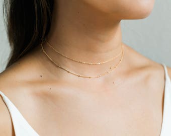 Gold Choker Set / Satellite Choker / Dainty Choker Necklace / 14k Gold Filled Beaded Necklace / Layering Necklace / Delicate Necklace Set