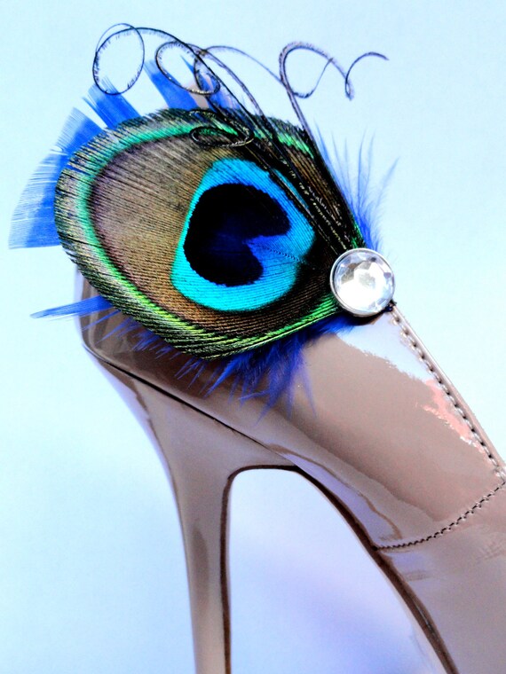 CECILE Natural Peacock and Blue Feather Shoe Clips Bridal