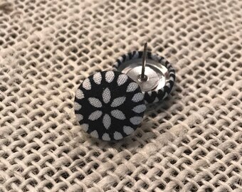 Navy and white fabric button earrings!
