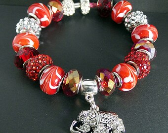 Delta Sigma Theta Sorority Charm Bracelet, DST Elephant Bracelet, Sorority Bracelet, Divine 9 Jewelry, Euro Style Bracelet, Beaded Bracelet