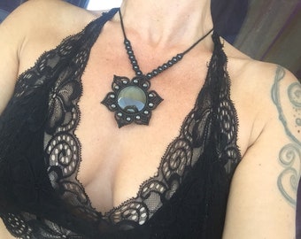 Obsidian macrame necklace- Mandala macrame pendant- yoga jewelry- Elven macrame.