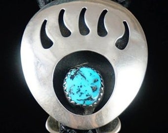 Item #856B- Vintage Navajo Turquoise Silver Badger Paw Shadowbox Bolo Tie