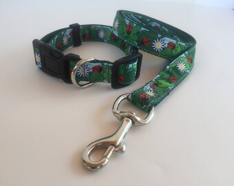 Ladybug and Daisies Dog Collar and Leash Combo - 1 inch wide - Metal Buckle - Quick Release