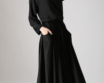 Black Dress, Ladies Maxi Dress, Boho Dress, Womens Casual Dress, Long Sleeve dress, Black Linen Dress, Boho Fashion, Linen dress 835