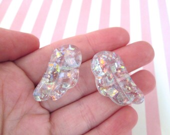 1 Pair of Holographic Glitter Resin Chibi Wings, Angel Wing Cabochons #1025