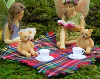 Fairy Garden Teddy Bears Picnic, micro mini bears tea cups saucers, picnic blanket, reading fairy, fairy garden kit accessories teddy bear