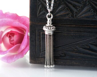 Antique Fob Tassel Pendant | Victorian Sterling Silver Tassel Necklace | Etruscan Revival Foxtail Tassel | Gothic Pendant - 20 Inch Chain