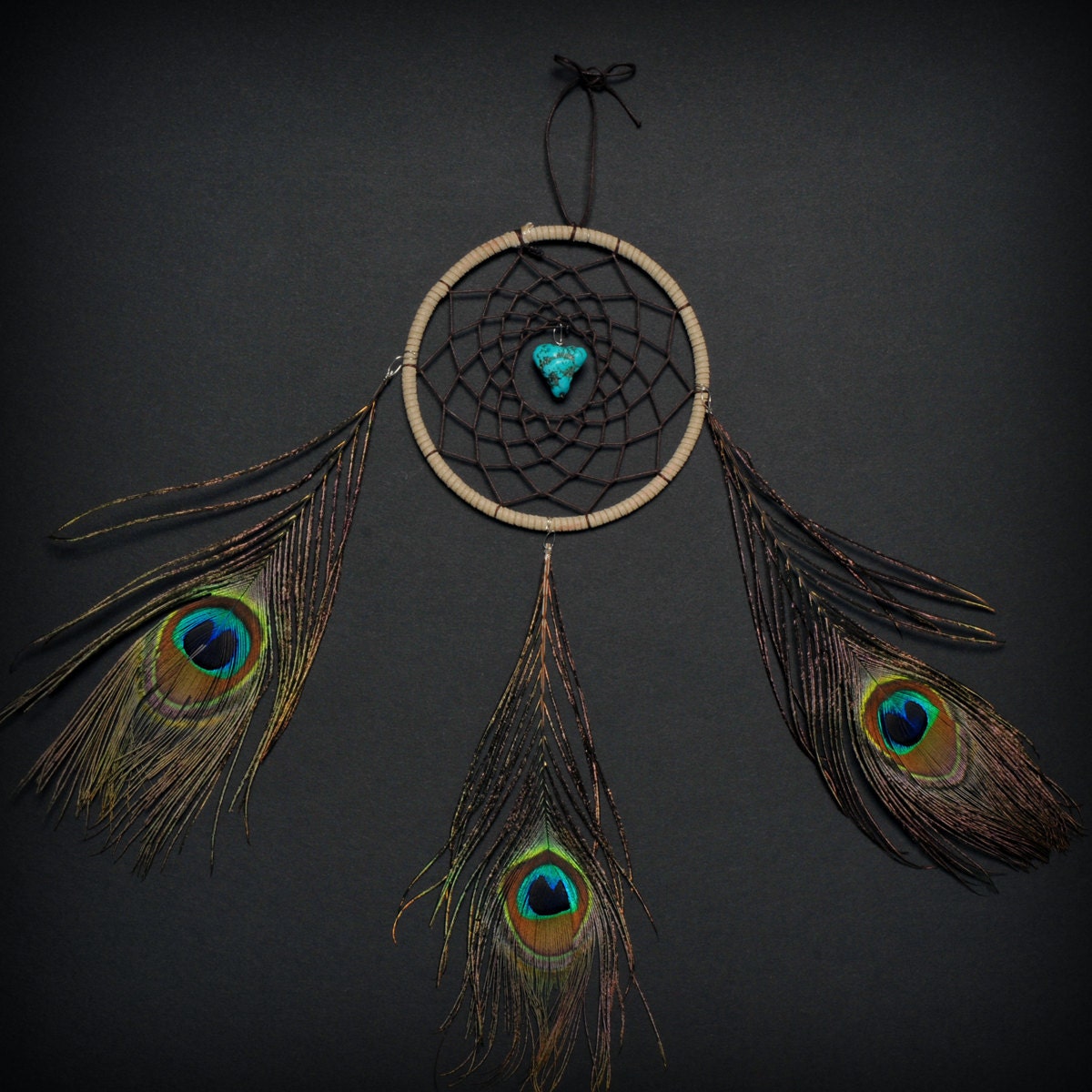 Tri Peacock Feather Turquoise Brown Small Dream Catcher