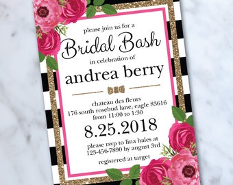 Bridal Shower Invitation - Kate Inspired Shower - Black and White - Stripes - Floral Invite - Digital File - Spade Shower - Custom