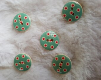 Varnished wood, Aqua buttons with red polka dots