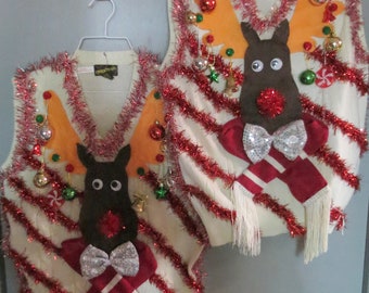 Matched set Couples Custom 3-D Hysterical Reindeer Tacky Ugly Christmas Sweater Wild Garland Light UP Mens Womens Vest