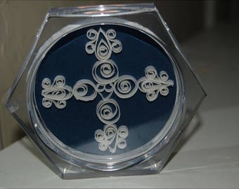 Blue background quilled cross coaster