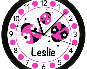 Hot Pink Ladybug Personalized Dot Nursery Wall Clock
