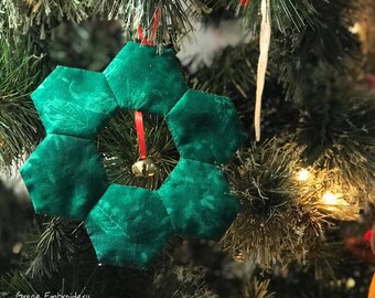 Hexagon Fabric Wreath Ornament with bell, Ready to Ship, hostess gift, teacher gift