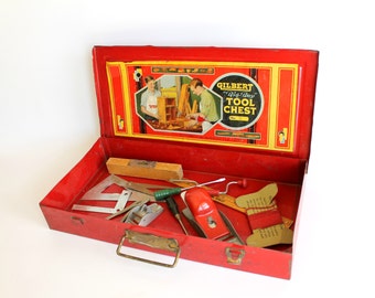 Vintage Gilbert Big Boy Tool Chest Box Red Metal Tools Kid Size Young Handyman Hobby Boys Room Decor