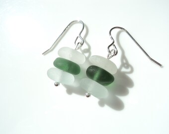 Seaham Sea Glass hook earrings of white and green stacked drops suspended from Sterling Silver hooks - E1797 - from Seaham, UK