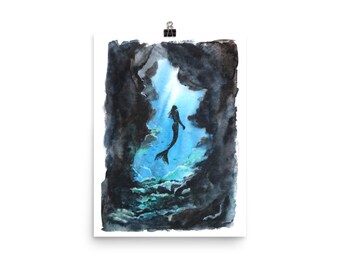 Art Print "Underwater Cave", Art Poster, Watercolour, Wall Decoration, Artwork, Painting Prints, Blue Wall Art, Blue Painting
