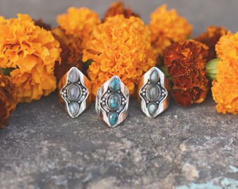 3 stones moonstone labradorite turquoise sterling silver ring gemstone pierre de lune bague adjustable