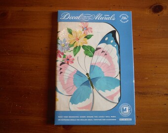 Original Vintage Butterfly Floral Decal - 1950's Meyercord Butterflies Flowers Large Decal - Vintage Bathroom Bedroom Nursery Decal Mural