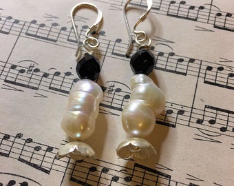 OOAK Baroque Pearl Silver and Jet Earrings
