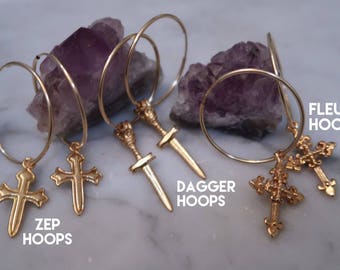 CROSS HOOPS, Zep Cross, Fleur Cross, Dagger Cross, Gold hoops, dagger earrings, dagger pendant, cross charm, gold earrings, hoop earrings