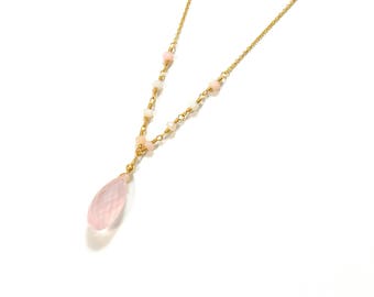 Rose Quartz, Pink Opal Necklace, October Birthstone Necklace, Pink stone Necklace, Rose quartz Necklace, Gift For Her,