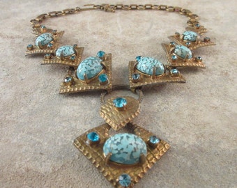 Vintage Pendant Necklace / Aqua Rhinestones & Turquoise Art Glass Cabochons / Boho Beach