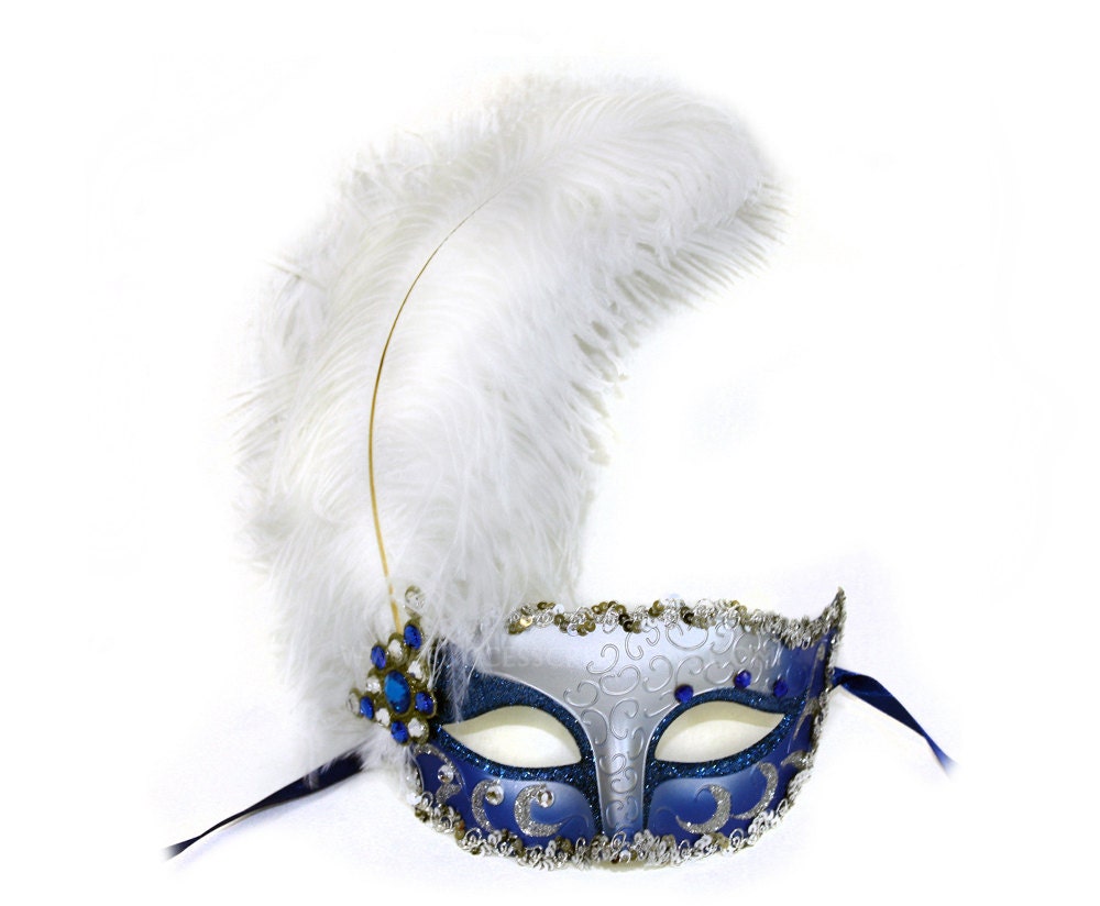 Vivienne Blue-White Feathered Women's Masquerade Mask