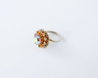 Vintage Sarah Coventry diamante cluster ring. Aurora borealis orange amber diamante ring, silver tone flower floral 1960 ring.