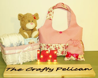 Hande made Tote bag, baby bag, shopping bag with matching drawstring bag.