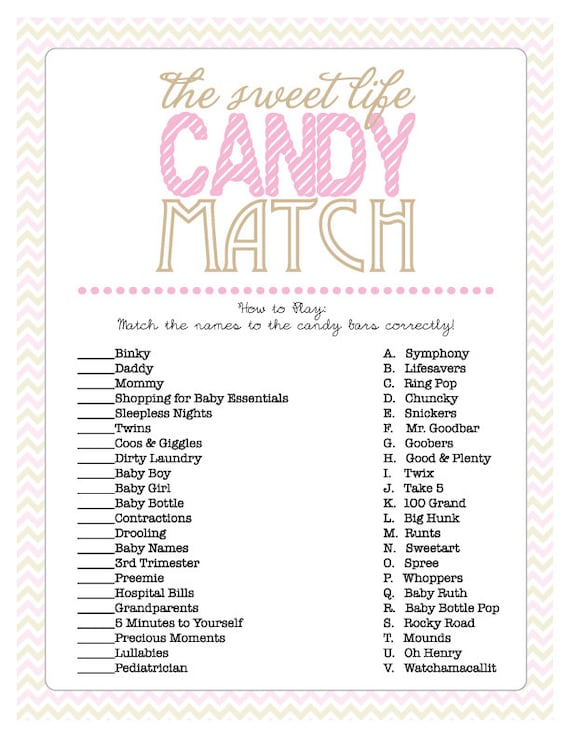 Baby Shower Game Sheet for The Sweet Life Candy Match Print