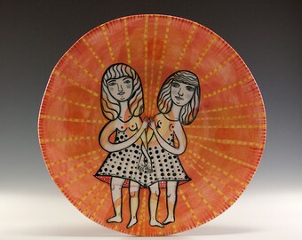 Original Painted Plate - Painting by Jenny Mendes on a round ceramic plate - Couple In Love - Perfect Wedding Gift for Two Sweet Ladies
