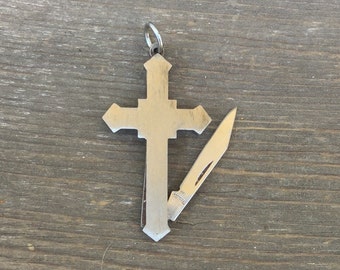 Cross shaped Knife Pendant. Vintage 1970s. pocket knife fob. Men's jewerly. stainless steel metal. christian jewelry crucifix Fob m95