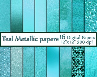 Teal Digital Paper: "TEAL FOIL PAPERS" Metallic Foil Paper Teal scrapbook paper Teal background Turquoise foil paper Metallic Textures