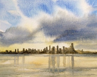 Seattle painting, Seattle skyline, Seattle watercolor, Seattle art, Skyline, Seattle sunrise, Elliot bay, Puget Sound, Cityscape